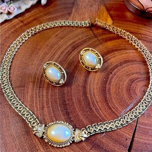 Vintage gold and pearl matching necklace and earring set.